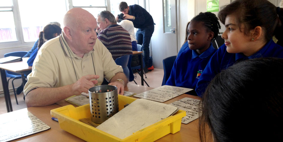 Allan Tyrell talking to children at Barlby Primary School